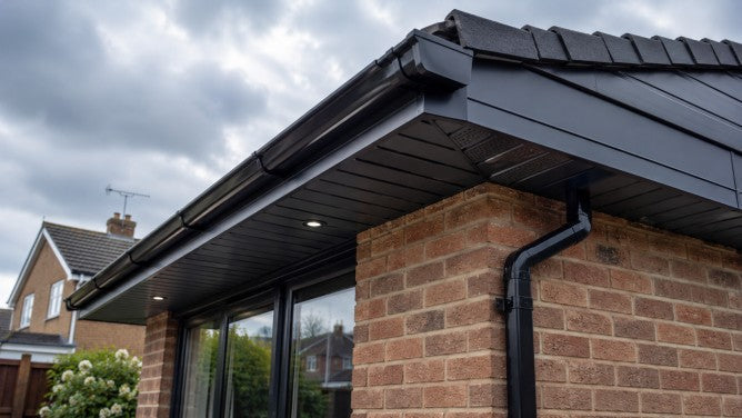 Modern UK home with aluminium fascia, soffit and black rainwater system installed around the roofline for a clean, durable exterior finish