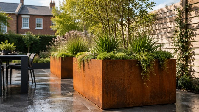Corten steel planters with greenery on a modern UK garden patio, creating a durable and premium outdoor landscaping feature.